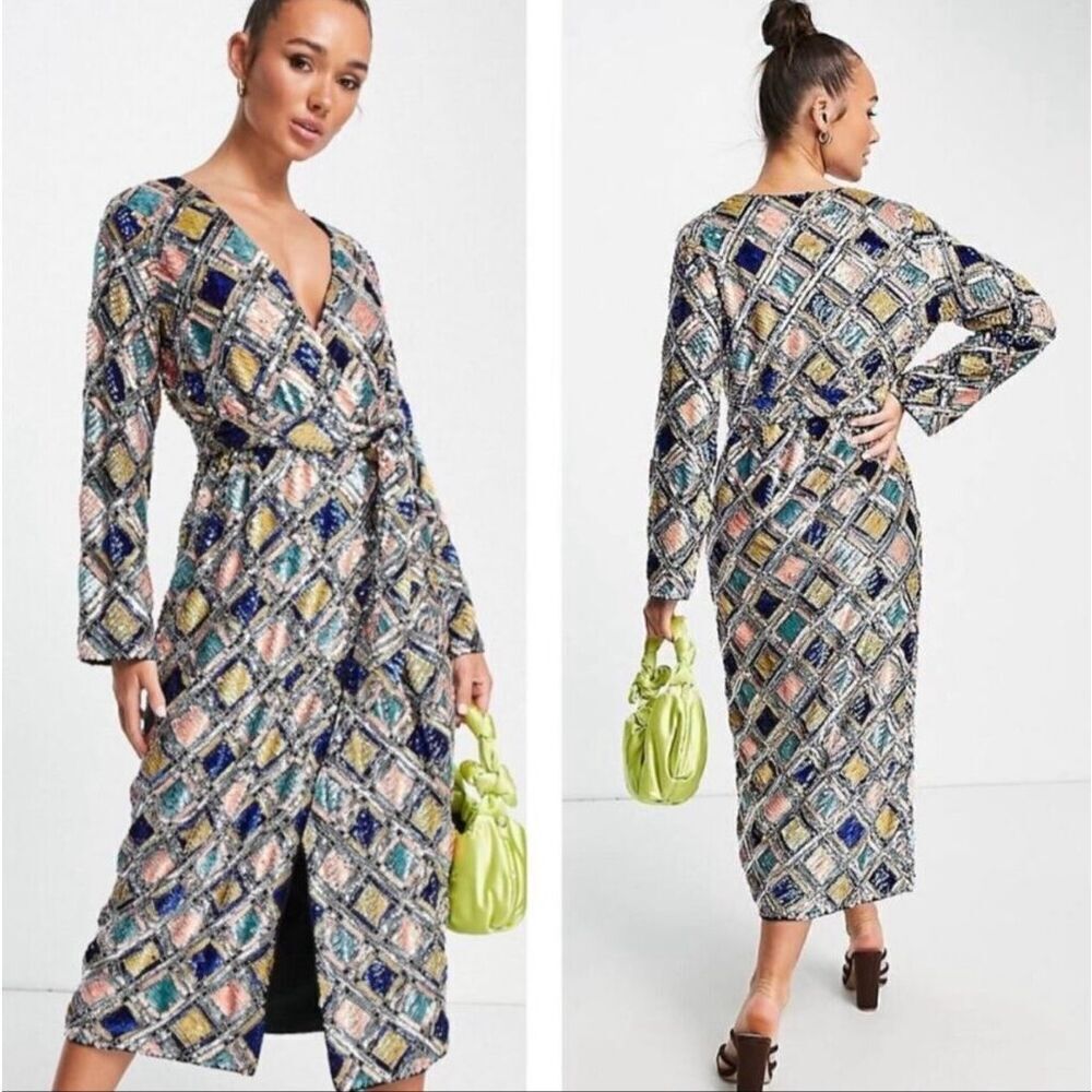 ASOS DESIGN EDITION Sequin Long Sleeve Midi Wrap Dress💝